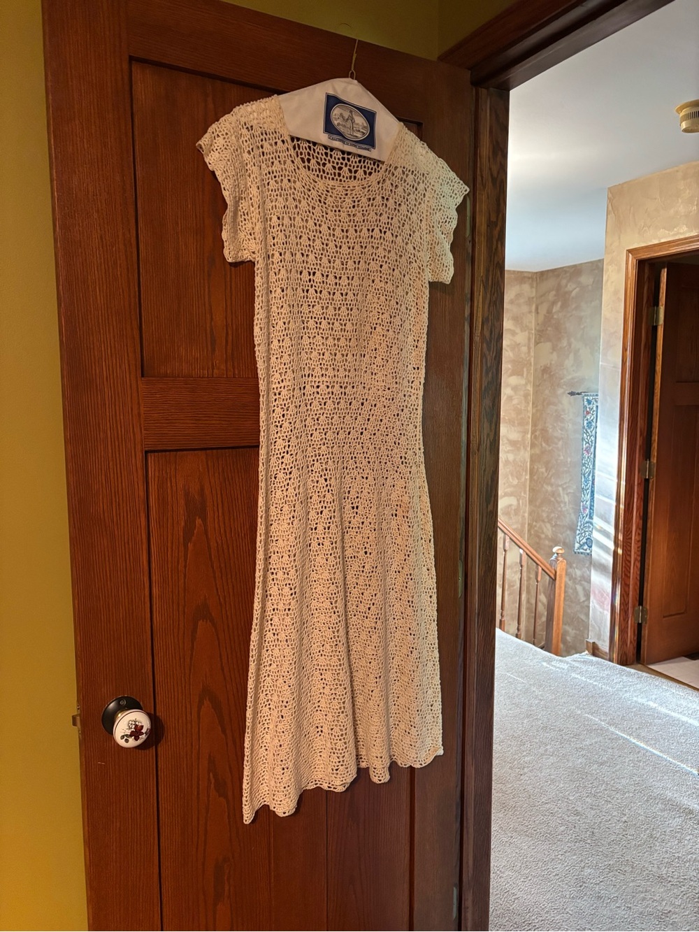 Women's Cream Crochet Midi Dress - Lightweight Knit Summer Dress vintage